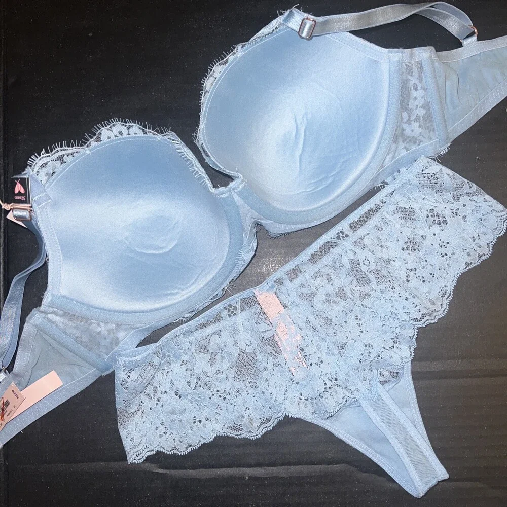 Victoria's Secret 32DDD BRA SET S thong panty Baby sky BLUE lace DREAM ANGELS